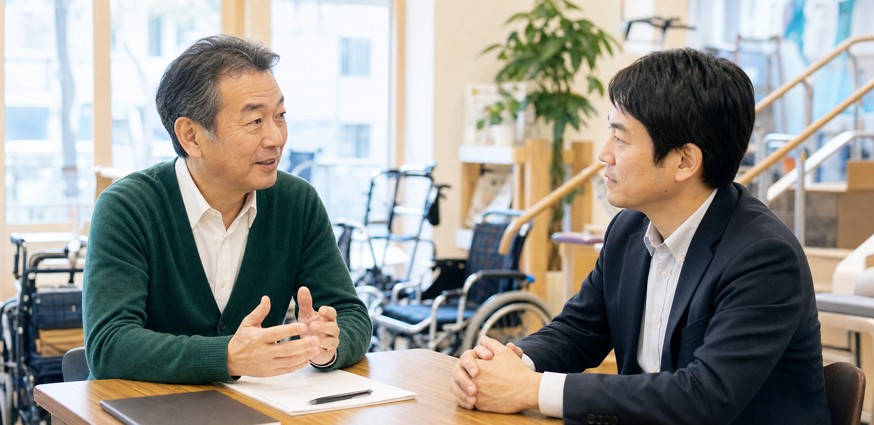福祉用具会社の売却と事業承継について相談する経営者とM&A担当者