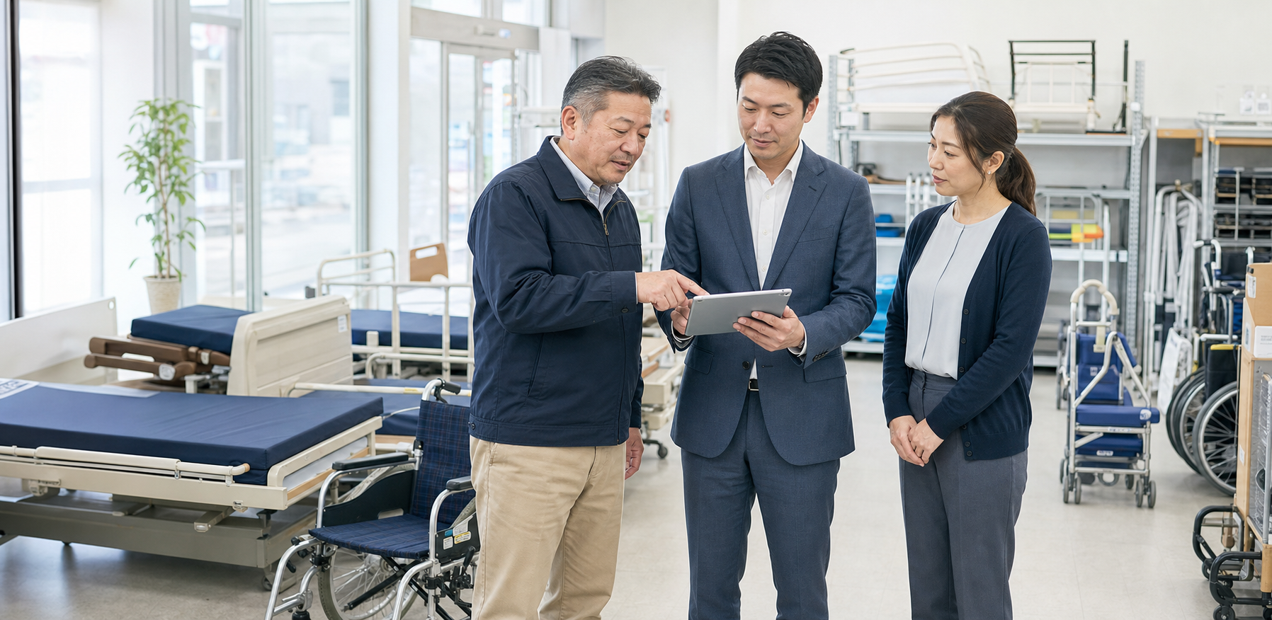 福祉用具事業の株式取得と地域承継について協議する経営者と担当者